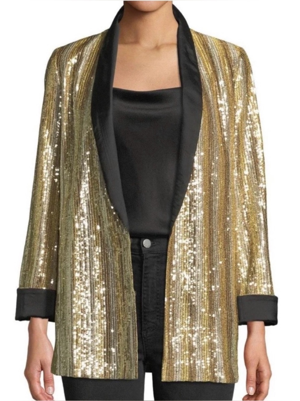 Alice + Olivia Gold Sequin Tuxedo Blazer with Black Satin Lapels Size X Small